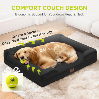 Extra Large Dog Bed, Orthopedic XL Washable Memory Foam Bed for Big Dogs Waterproof Pet Couch Sofa Bolster with Removable Cover, Non-Slip Bottom, Tennis Ball Toy, 42x30