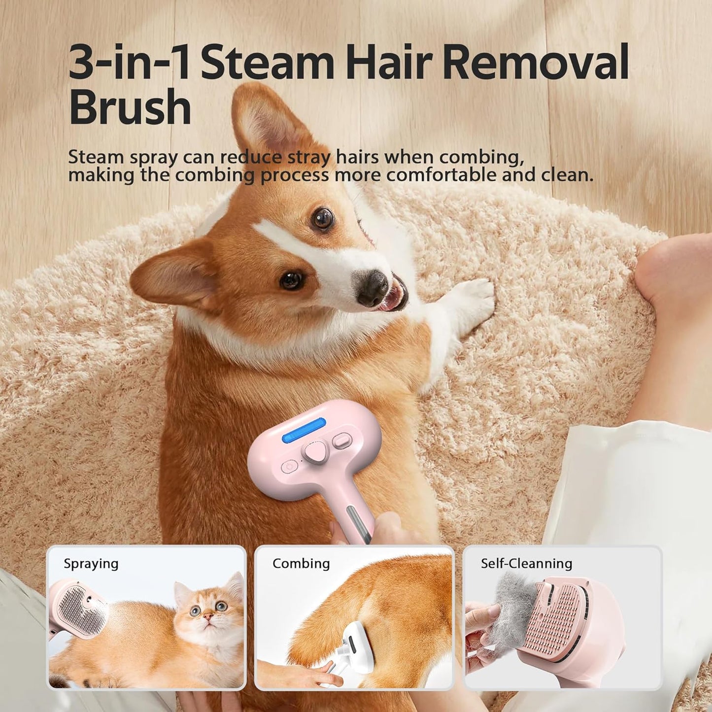 Pet Grooming Brush with Electronic Mist Spray - Gentle Deshedding Tool for Cats & Dogs, Pet Steam Brush，Reduces Shedding, Soft Bristles, Promotes Healthy Coat-Comes with a hair smoothing comb-White