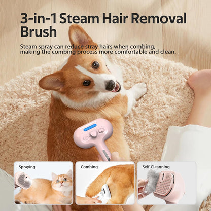 Pet Grooming Brush with Electronic Mist Spray - Gentle Deshedding Tool for Cats & Dogs, Pet Steam Brush，Reduces Shedding, Soft Bristles, Promotes Healthy Coat-Comes with a hair smoothing comb-White