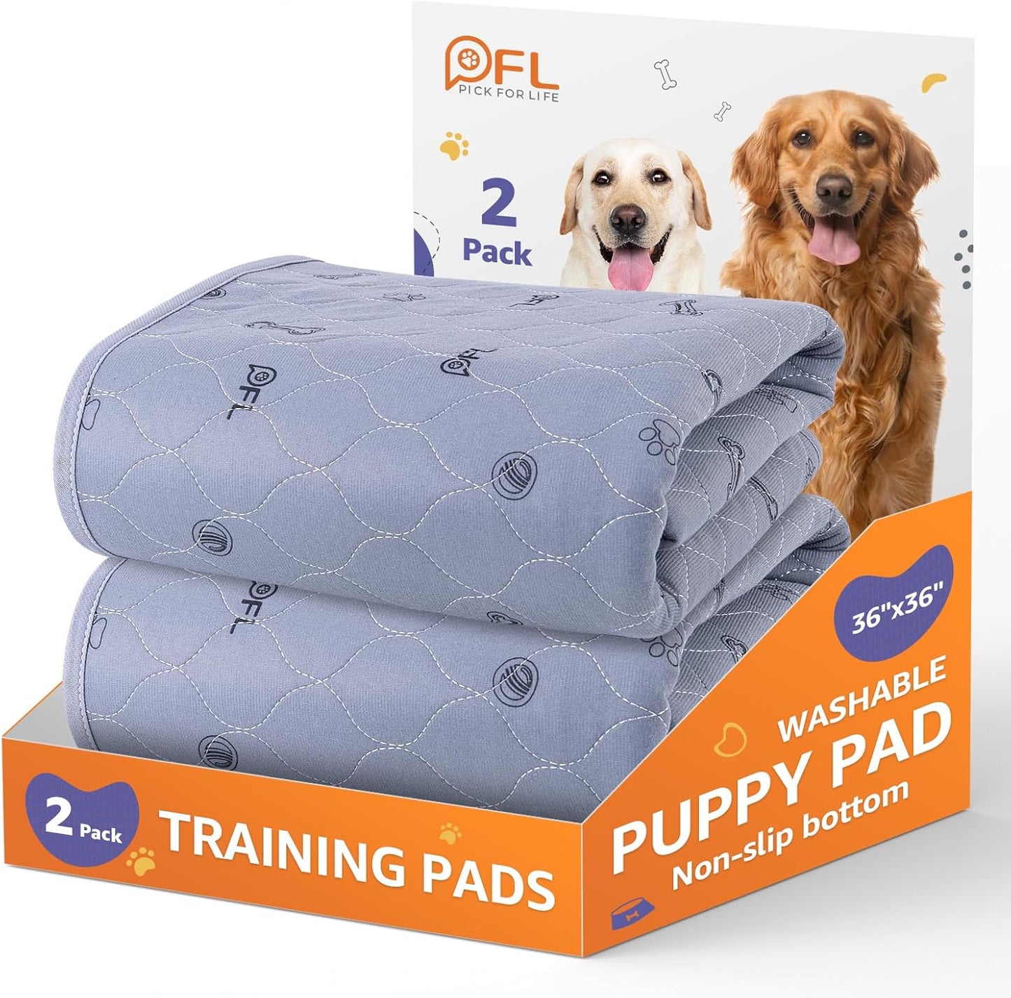 Washable Pee Pads for Dogs, 2Pack Reusable Puppy Pads, Absorbent Whelping Pads with Bone Print, Non-Slip Waterproof Pet Training Pads for Couch, Crate, Potty Training 18x24