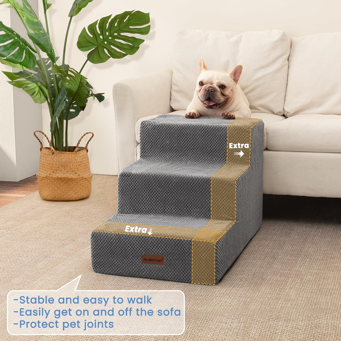 Aodisman Dog Stairs for Small Dogs, 3-Step Non-Slip Pet Stairs for Couch Sofa and Chair, Dog Bed Stairs for Puppy, Older Cat,Grey,13.6" H
