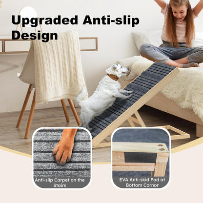 TIMHAKA Dog Ramp for Bed, 40 Inch Dog Ramp for Couch, Supports Up to 150lbs, with 10.2" to 26.8" 7 Height Setting, Non Slip Carpet Surface and Foot Pads, Wooden Folding Pet Ramps for High Bed, Sofa