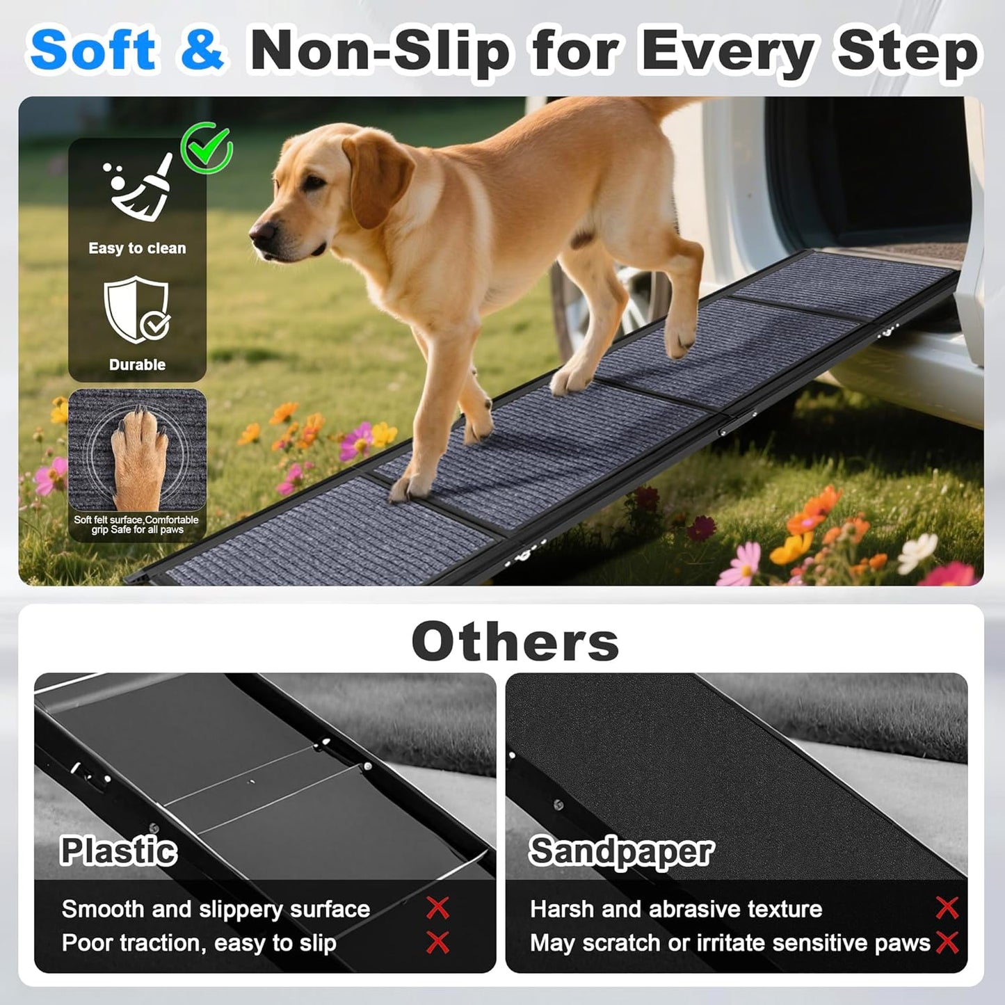 COSIEST Dog Ramp for Car, 63" L x 17.3" W Folding Pet Ramp for Large Dogs Up to 250LBS, Portable Dog Steps with Non-Slip Surface for SUV, Bed, Couch