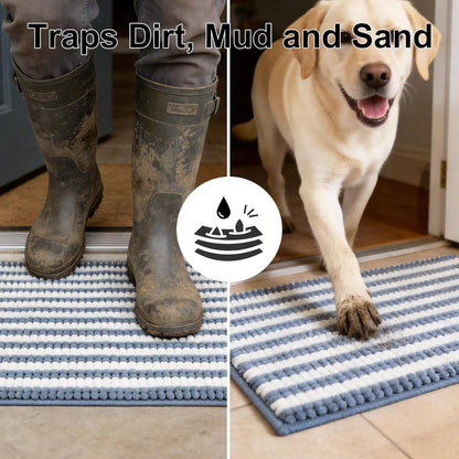 pobopobo Dog Door Mat for Muddy Paws - Absorbent & Washable Chenille Rug, Non-Slip Dirt Trapper for Indoor Outdoor Entryway, Quick Dry Pet Mat for Muddy Dogs (Striped Gray-Blue&White, 24" x 16")