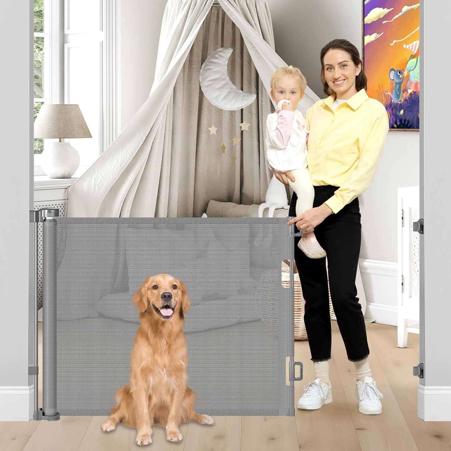 Retractable Dog Gate for The House 33" Tall X 55" Wide Mesh Baby Gate Retractable Baby Gates for Doorways Scratch-Resistant Outdoor Dog Gates Indoor Prevent Kids or Pets from Crawling Under, Gray