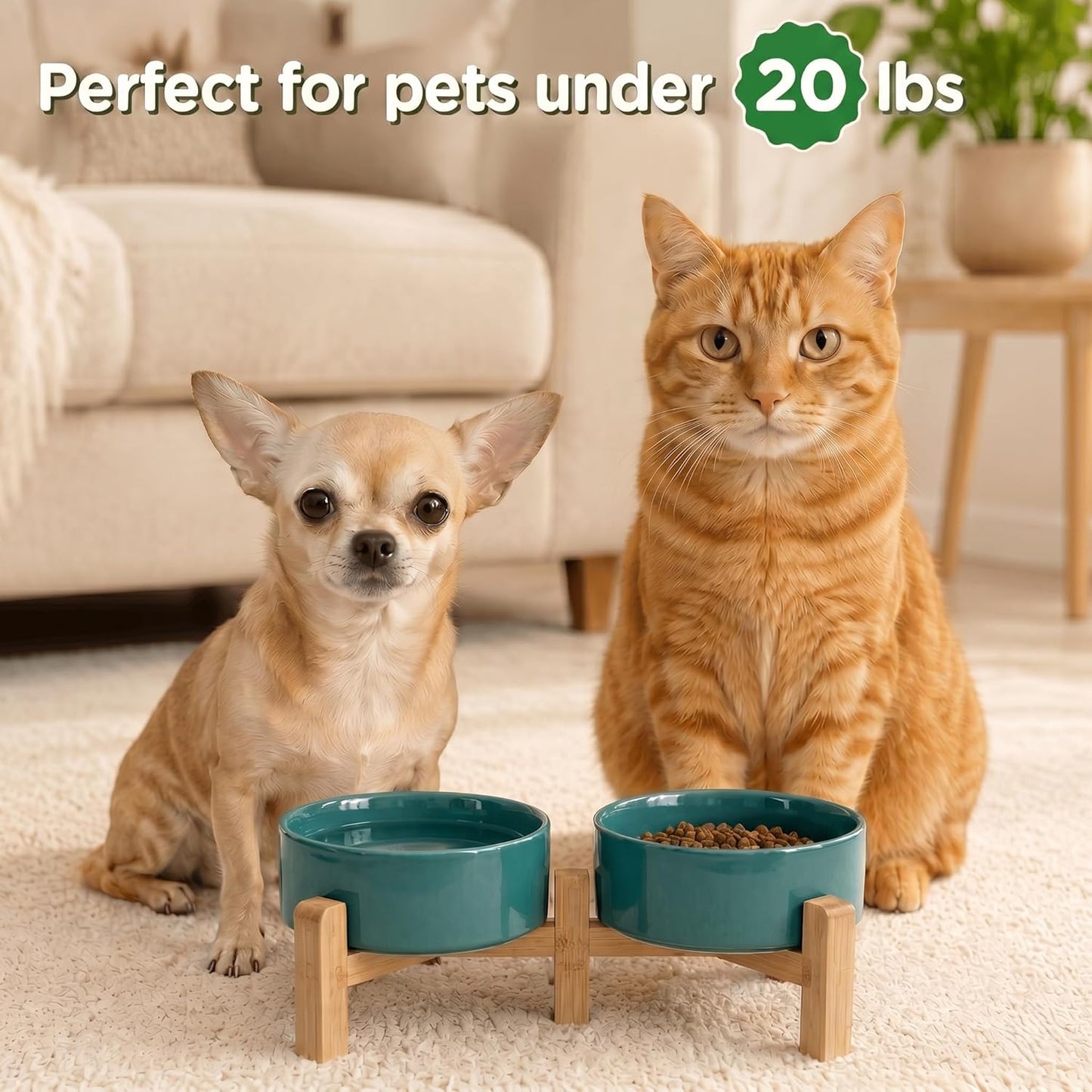 SPUNKYJUNKY Elevated Dog Bowls Ceramic, 6.1'' Dogs and Cat Food Water Bowls Raised with Non-Slip Bamboo Stand for Medium Sized Breed Microwave Dishwasher Safe - 28.7 OZ,Beige