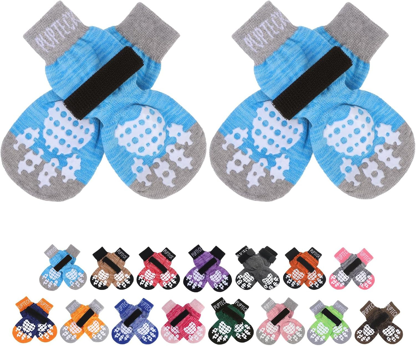 PUPTECK Anti-Slip Dog Socks with Double Sides Grips for Small Medium Large Dogs Hardwood Floors Prevents Licking, Dog Shoes for Hot Pavement Traction Control Paw Protector for Senior Dogs, Grey L