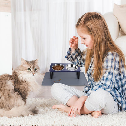 Upgraded Elevated Cat Bowls with Food Mat,15°Tilted Stand Anti Vomiting Raised Cat Dishes for Food and Water,2 Stainless Steel Bowls for Cats and Puppy