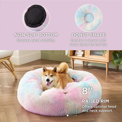 Bedsure Calming Dog Bed Medium Size Dog - Donut Washable Medium Pet Bed, 30 inches Anti-Slip Round Fluffy Plush Faux Fur Cat Bed, Fits up to 45 lbs Pets, Camel