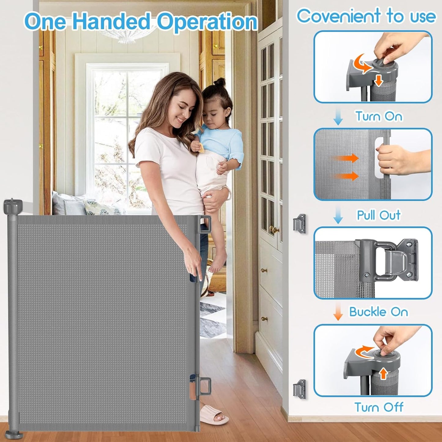 Upgrade 120 inch Retractable Baby Gates, EZIGO Extra Wide Baby Gate for Large Opening Extra Long Mesh Gate for Kids or Pet Dog Gate Child Safety Gate for Stairs Hallways Doorway Indoor Outdoor, Gray
