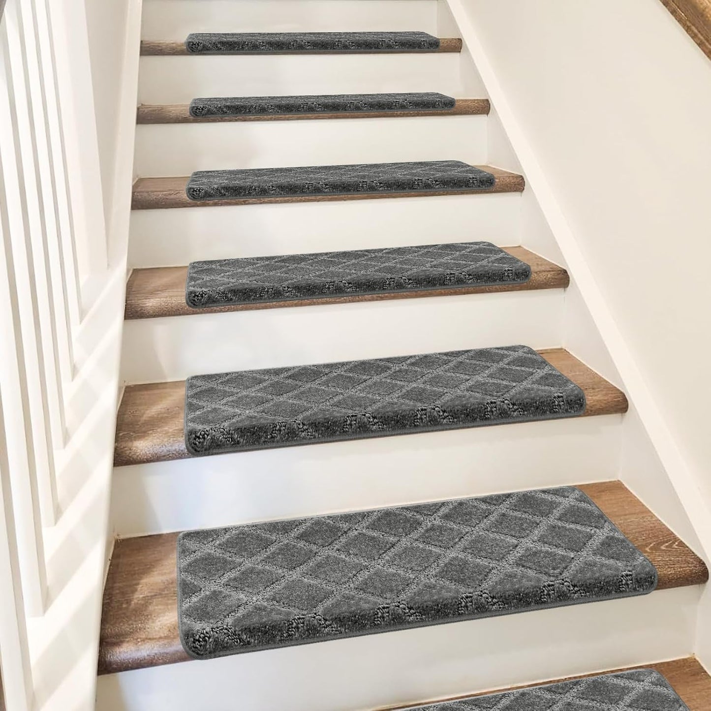 PURE ERA Bullnose Carpet Stair Treads Set Tape Free Non-Slip Indoor Stair Protectors Pet Friendly Rugs Covers Soft Skid Resistant Washable Reusable 9.5" x 30"(14 Pieces,Cream Gray)