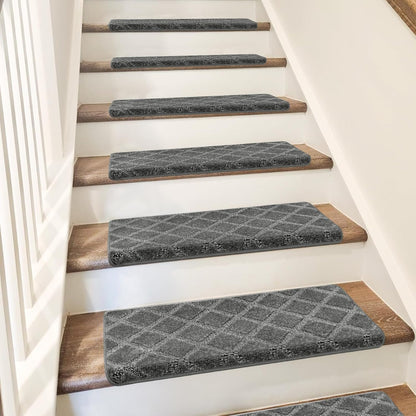 PURE ERA Bullnose Carpet Stair Treads Set Tape Free Non-Slip Indoor Stair Protectors Pet Friendly Rugs Covers Soft Skid Resistant Washable Reusable 9.5" x 30"(14 Pieces,Cream Gray)