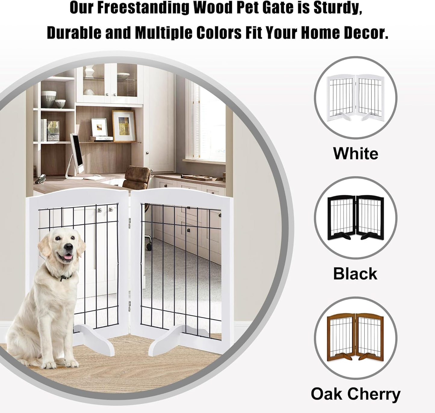 LZRS 2-Panel Freestanding Foldable Wood Dog Gate – Solid Wood & Steel Wire, Chew-Resistant Pet Barrier for Indoor Use, Ideal for Small to Medium Dogs, White