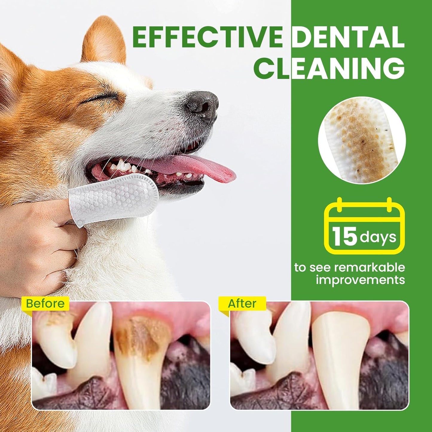 No-Rinse Dog Dental Care Wipes, Cat & Dog tooth brushing kit, Dog Wipes for Pet & Cat Teeth Cleaning, Dog toothbrush Finger Dental Wipes to Remove Plaque & Tartar, Disposable Dog Wipes - 50 Count