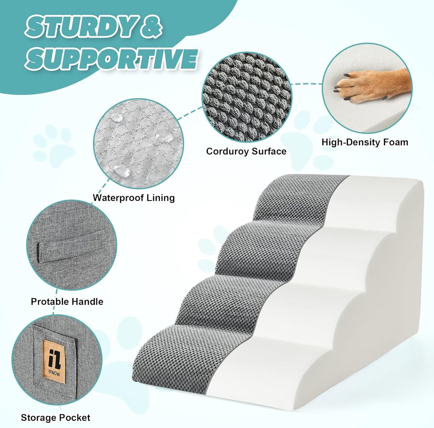 IFNOW Dog Stairs for Small Dogs 15.7''H, 4-Step Sturdy Dog Steps for Bed, Couch, Sofa, Waterproof Pet Stairs for Older Cats, Puppy, Removable Washable Cover, Non-Slip Curved Pet Ramp Indoor, Grey
