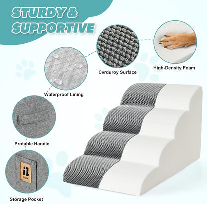 IFNOW Dog Stairs for Small Dogs 15.7''H, 4-Step Sturdy Dog Steps for Bed, Couch, Sofa, Waterproof Pet Stairs for Older Cats, Puppy, Removable Washable Cover, Non-Slip Curved Pet Ramp Indoor, Grey
