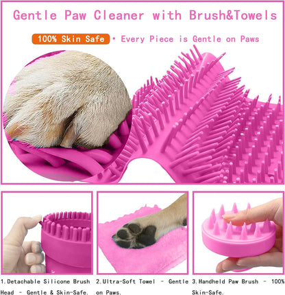 Dog Paw Cleaner Kit for L/XL Dogs - Quick Clean No Full Bath, 2-in-1 Paw Wash Cup with Detachable Silicone Brush Head, Includes Bath Brush & 3 Absorbent Towels, Blue
