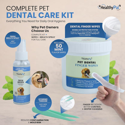 Pet Dental Finger Wipes for Dogs & Cats – 50 Mint Flavor Dog Dental Wipes + Mint Fresh Breath Spray, Dog Tooth Brushing Kit, Helps Remove Bad Breath & Plaque & Tartar Buildup