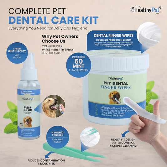Pet Dental Finger Wipes for Dogs & Cats – 50 Mint Flavor Dog Dental Wipes + Mint Fresh Breath Spray, Dog Tooth Brushing Kit, Helps Remove Bad Breath & Plaque & Tartar Buildup