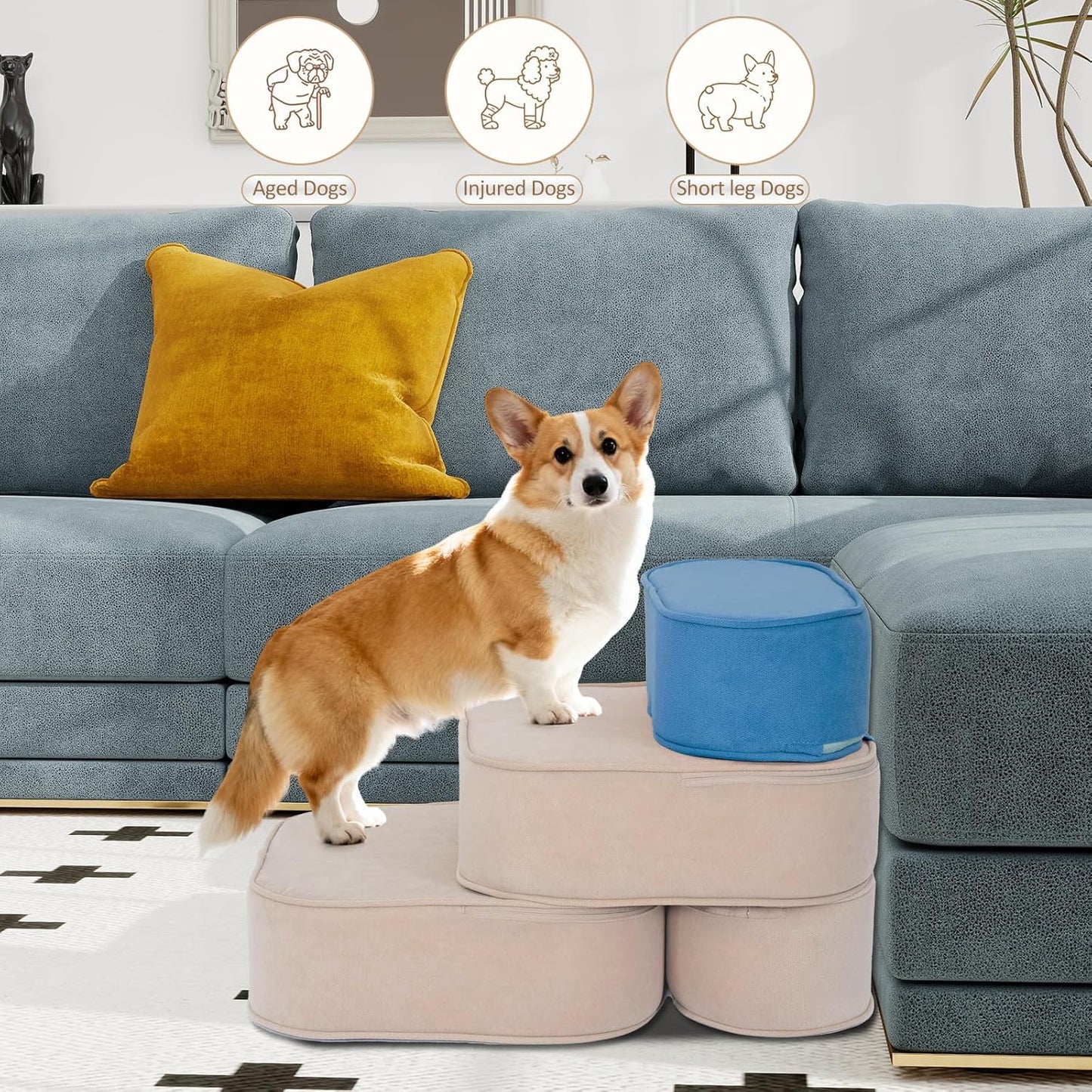 Dog Stairs for Small Dogs, 3 Step Dog Stair for High Bed and Couch, Non-Slip High Density Foam Sturdy Pet Steps with Removable Washable Cover for Older Cat