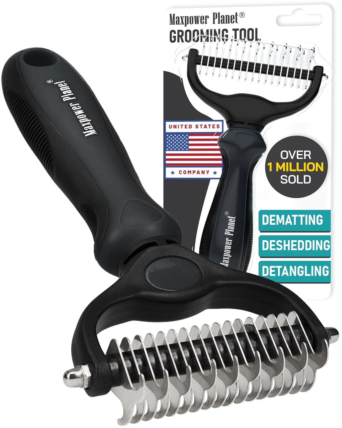 Maxpower Planet Dog Rake and Dog Hair Brush - Gently Removes Loose Undercoat, Mats and Tangled - Deshedding Grooming Tool for Dogs & Cats - Self Cleaning Slicker Brush - All Hair Types