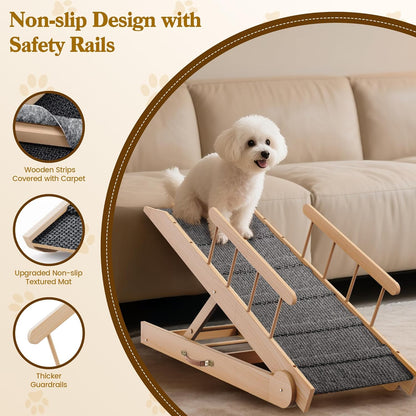 47" Long Non-Slip Portable Pet Ramp for Small Large Dogs, Dog Ramp for Bed, Wooden Adjustable Dog Ramps for Bed, Couch, Height from 12" to 24", Up to 200LBS