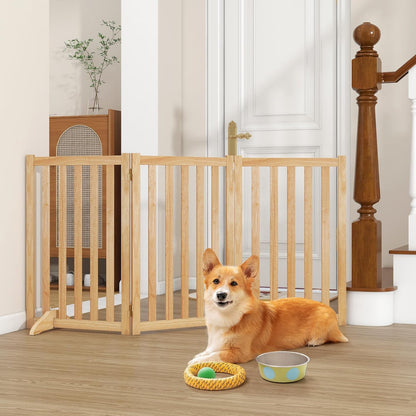 36" Height Extra Tall Freestanding Pet Gate, Solid Wood Folding Safety Fence Wooden Dog Gate with 2 PCs Support Feet Ideal for Stairs, Doorways, Halls, Kitchens, Heavy Duty Gates, 3 Panels, Oak
