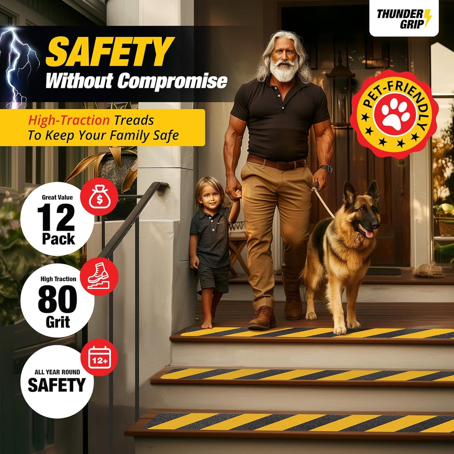 THUNDER GRIP Glow in the Dark 30" x 6"-12-Pack Weather Resistant Outdoor Stair Treads 80-Grit