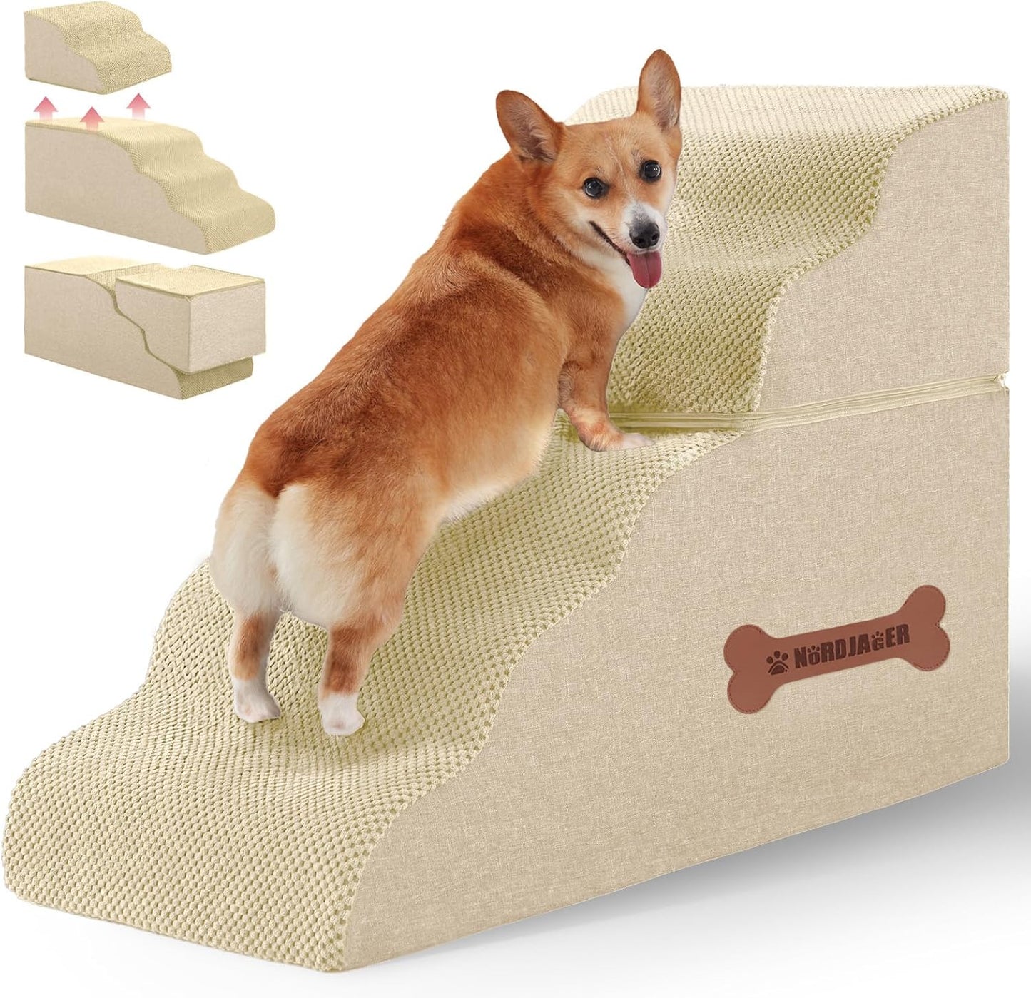 Dog Stairs for Small Dogs and Cats, 2 Steps Pet Stairs to Get on Couch Sofa and Chair, Indoor Non-Slip Balanced Portable Pet Step, High-Density Foam Ramp with Removable Washable Cover, Grey（11.8" H）