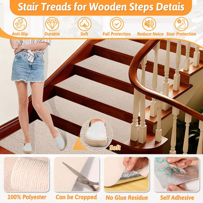 18 Pack Non-Slip Stair Treads for Wooden Steps Indoor, 8" X 30" Peel and Stick Carpet Stair Treads for Wooden Steps, Reusable Self-Adhesive Stair Runners for Wooden Steps for Kids, Elders & Pets