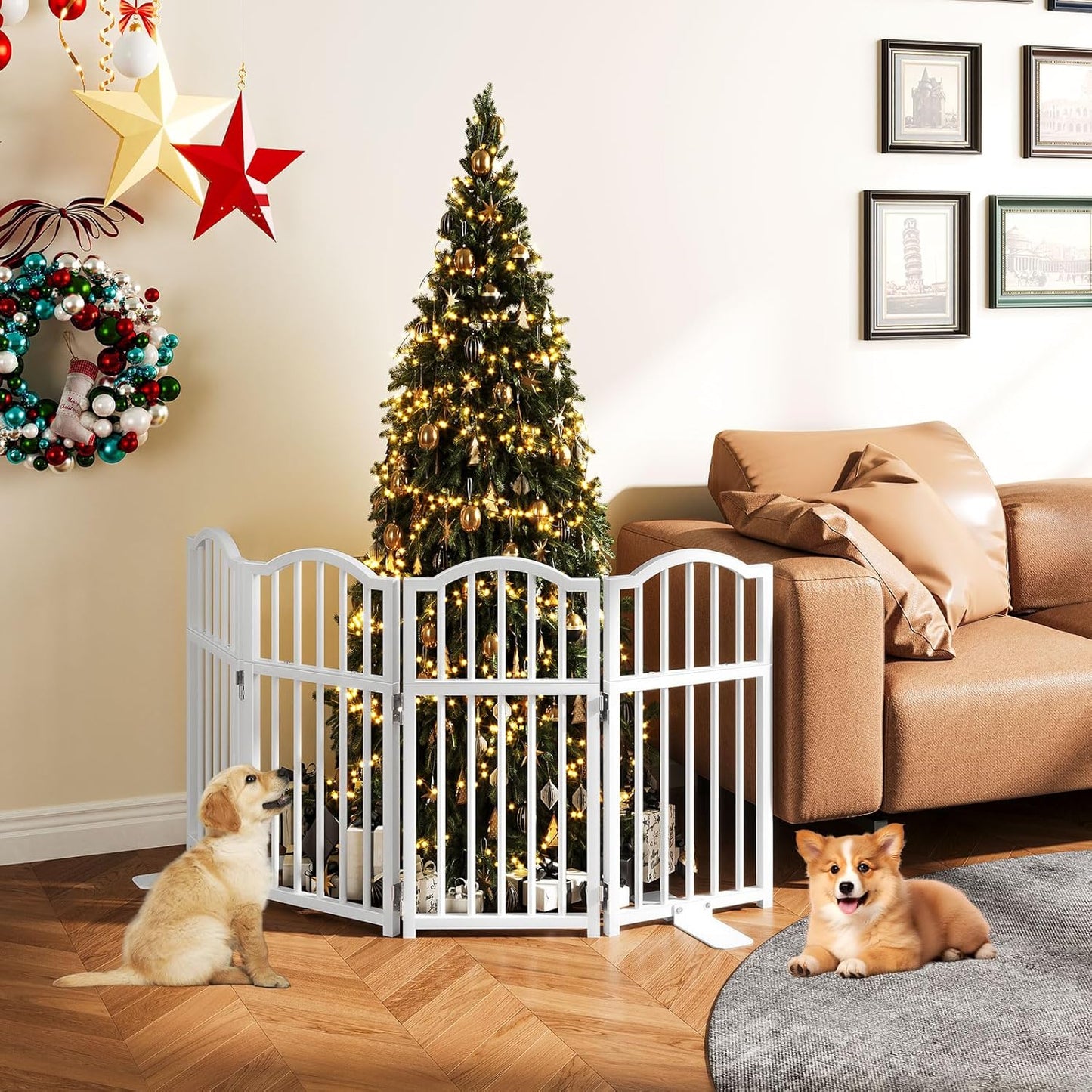 Snughome Short Dog Gate Indoor, 16" High Freestanding Small Dog Door Gates with Support Feet, Expands Up to 48’’ Wide Foldable Pet Gate for Doorway, 4 Panel Folding Pet Door Pet Fence for Puppy, White