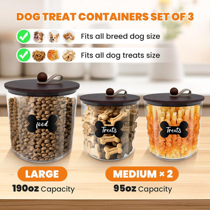 HOYTAMDAR 3 Pack Airtight Dog Food Storage Container, Dog Treat Container Dog Food Container with Wood Lids 8x7''&6x5'',Pet Food Storage Container,Cat Food Containers with Scoops,Clamp,Labels,Pens