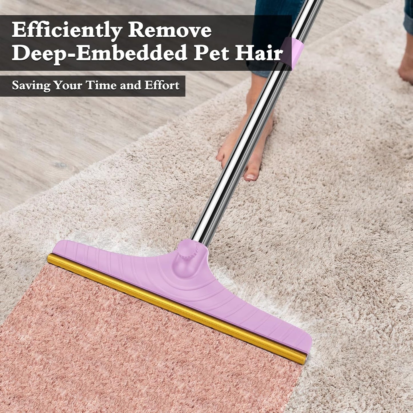 B-Land Carpet Rake for Pet Hair Removal, Reusable Pet Hair Removal Tool Cat Dog Hair Remover with 60” Long Adjustable Handle, Carpet Brush Carpet Scraper Pet Hair Remover Broom (Purple)