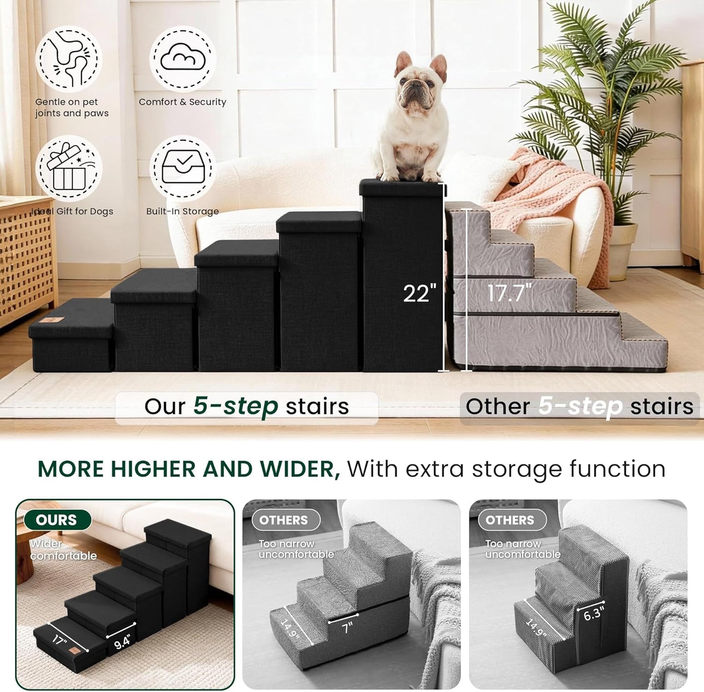 Love's cabin Dog Stairs with Storage 13" H, Foldable Pet Stairs for Small Medium or Large Dogs, Cat Puppy Steps Ramp with Zip up to 150 lbs, Solid Grey, 2 Steps