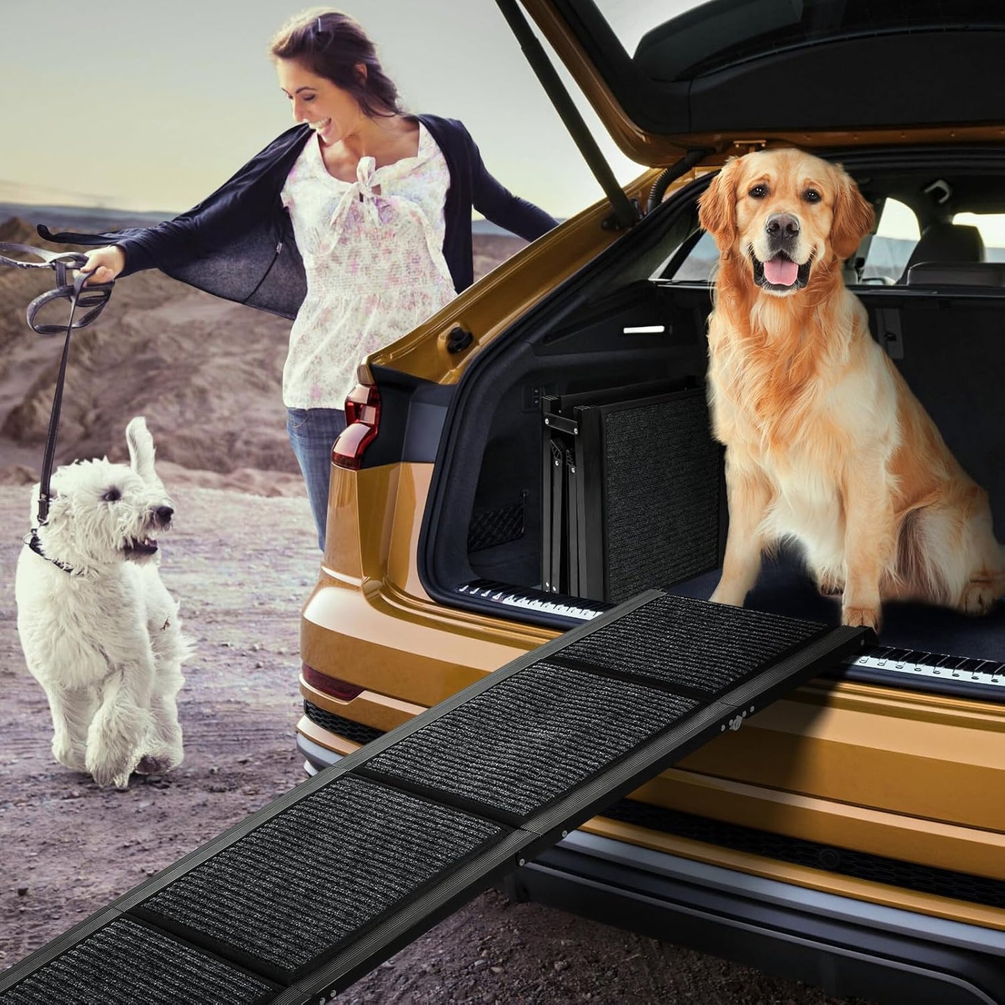FAHKNS Dog Ramp for Car, 71" x 17" Extra Long Wide Folding Pet Ramp, Non-Slip Rug Surface, Aluminum, Black, Up to 300 LBS