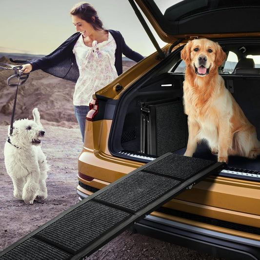 FAHKNS Dog Ramp for Car, 71" x 17" Extra Long Wide Folding Pet Ramp, Non-Slip Rug Surface, Aluminum, Black, Up to 300 LBS