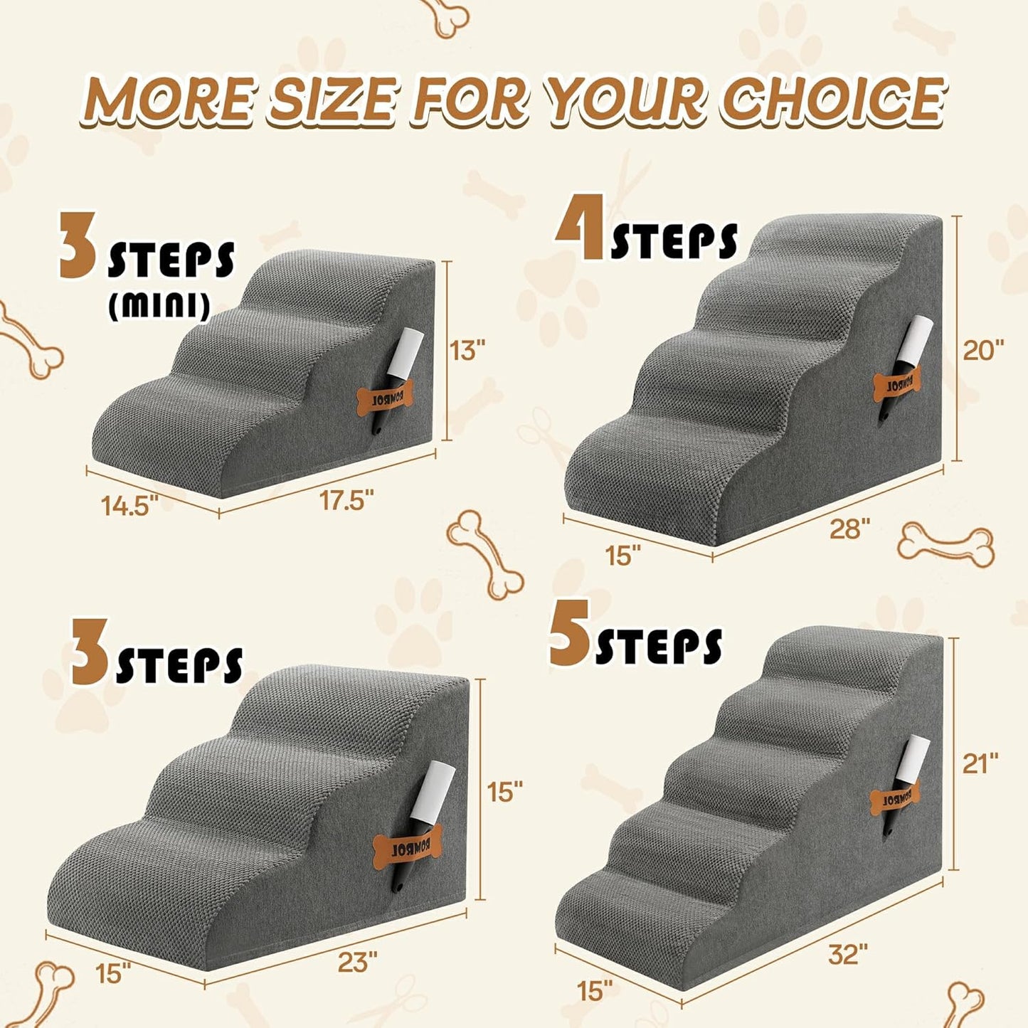 Romrol Dog Stairs Ramp for High Beds Couches, High Density Foam Pet Steps with Durable Non-Slip Waterproof Fabric Cover, Dog Stairs for Small Dogs or Cats or Pets, 5-Step, 22 Inch, Grey