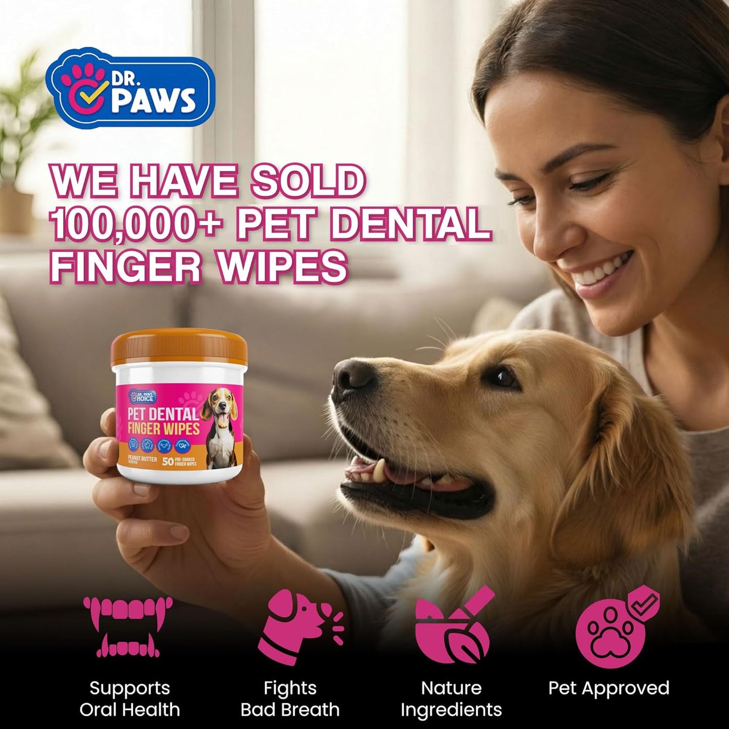 Pet Dental Finger Wipes - Natural Ingredients, Easy to Use Dog Teeth Cleaning Wipes for Effective Dog Teeth Cleaning - Ideal Dog Dental Wipes for Optimal Oral Hygiene