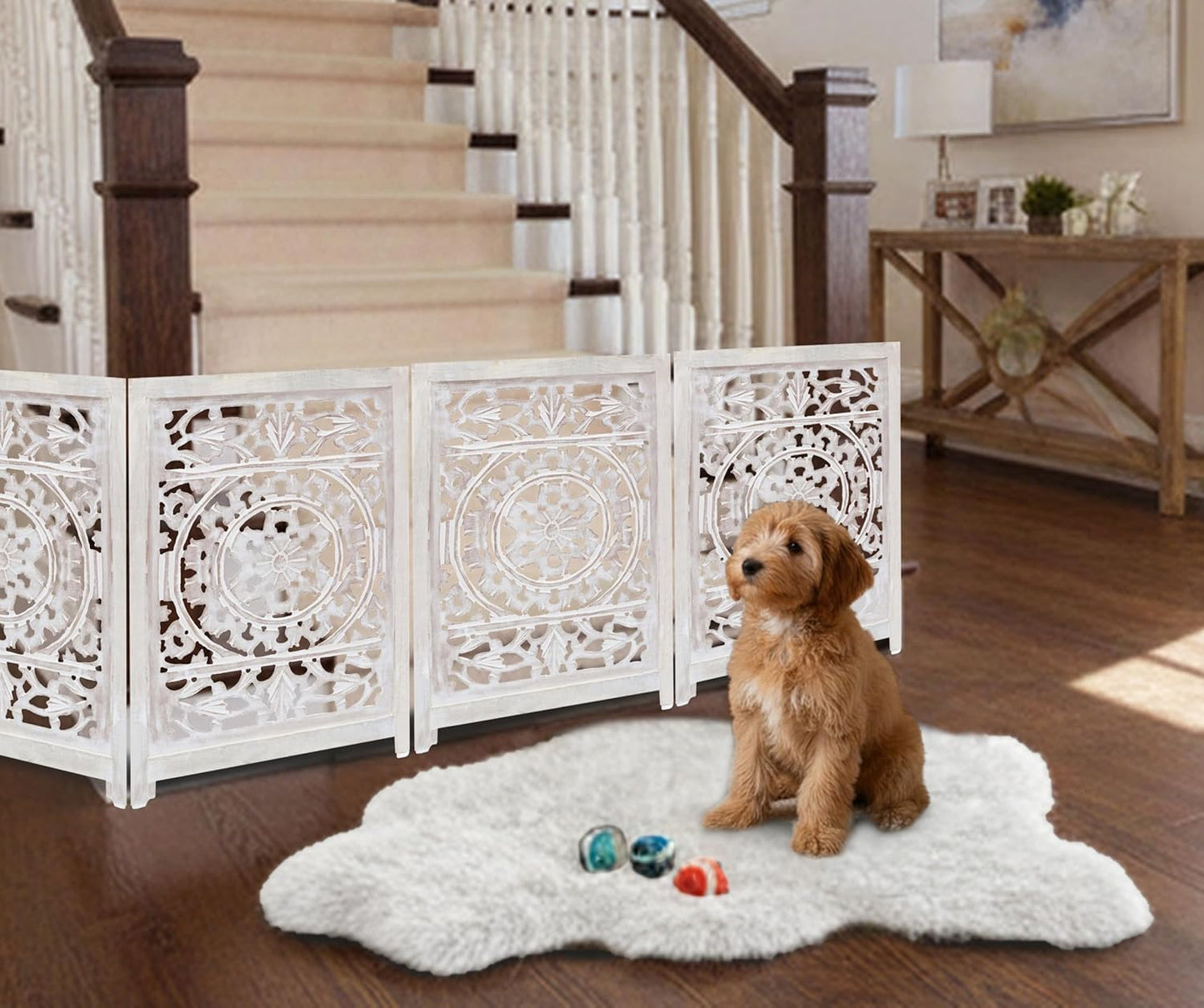 Croft&Cane Wooden Foldable Pet Dog Safety Gate – 3 Panel Freestanding Indoor Pet Fence (20 inches W x 24 inches H) – Hand-Carved Solid Wood & MDF – Fully Assembled - Antique Brown