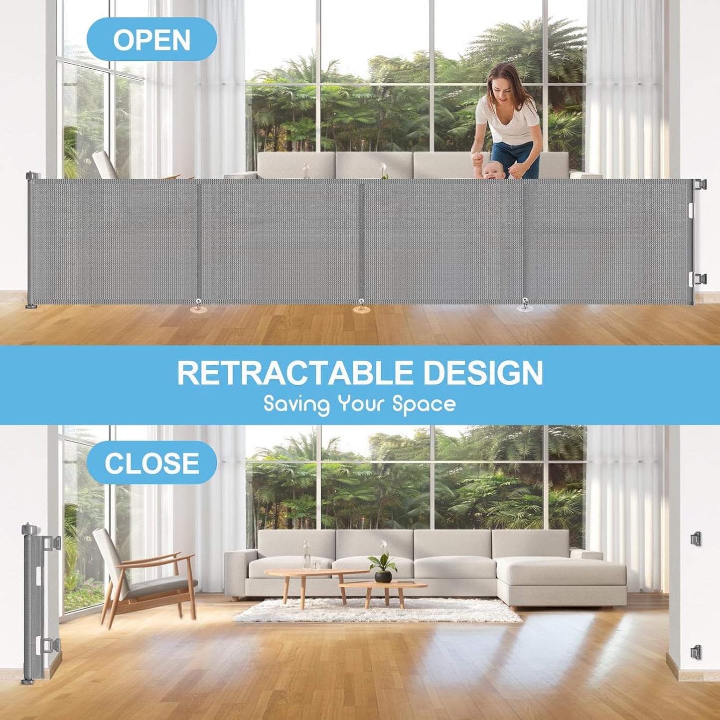 Upgrade 120 inch Retractable Baby Gates, EZIGO Extra Wide Baby Gate for Large Opening Extra Long Mesh Gate for Kids or Pet Dog Gate Child Safety Gate for Stairs Hallways Doorway Indoor Outdoor, Gray
