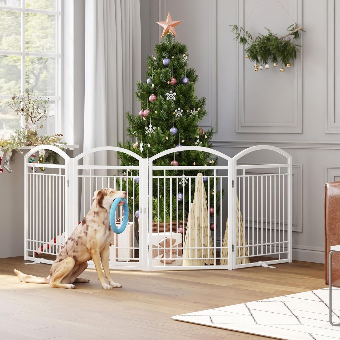 Folding No-Assembly Metal Freestanding Dog Gate with Door Walk Through,32" Height Pet Fence,144" Extra Wide Accordion Puppy Folding Playpen for Doorways,House,Stairs (6 Panels,White)