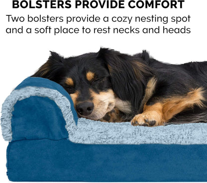 Furhaven Memory Foam Dog Bed for Large Dogs w/ Removable Bolsters & Washable Cover, For Dogs Up to 95 lbs - Two-Tone Plush Faux Fur & Suede L Shaped Chaise - Espresso, Jumbo/XL