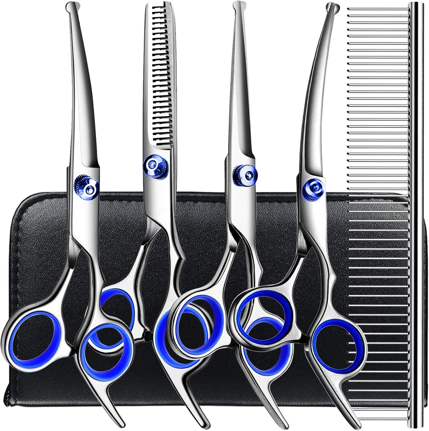 TINMARDA Dog Grooming Kit, Professional Stainless Steel Dog Grooming Scissors with Curved Shears, Pink Finger Rings - 4 Piece Sharp Durable Pet Shears for Dogs Cats At Home Salon-Quality Grooming