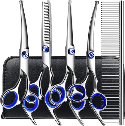 TINMARDA Dog Grooming Kit, Professional Stainless Steel Dog Grooming Scissors with Curved Shears, Pink Finger Rings - 4 Piece Sharp Durable Pet Shears for Dogs Cats At Home Salon-Quality Grooming