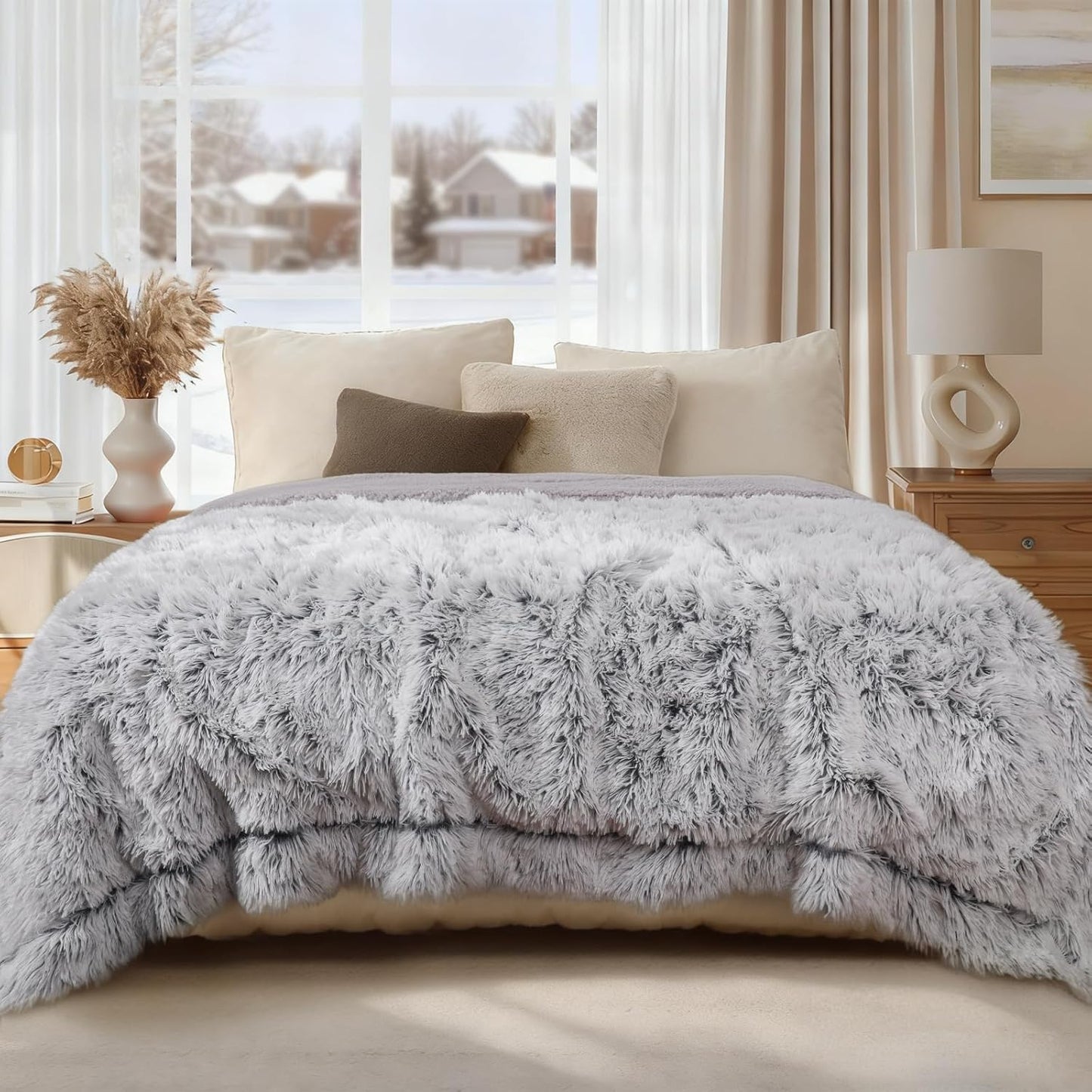 Luciphia Large Waterproof Dog Blanket for Pet Washable Liquid Proof Bed Intimacy Protection Shaggy Plush Calming Long Faux Fur Couch Cover Calming Cat Throw Blankets, Mist Grey, 50" x 60"