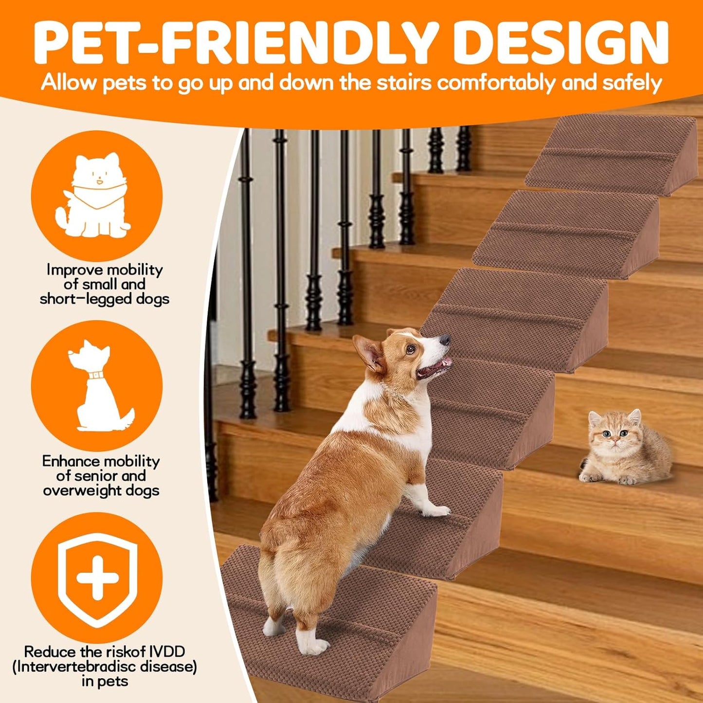 Dog Ramp for Stairs for Small & Senior Dogs and Cats, Non-Slip Foam Indoor Pet Ramp with Self-Sticky Pads, Dog Ramp for Stairs Inside House(Dark Gray, 6 Pack)