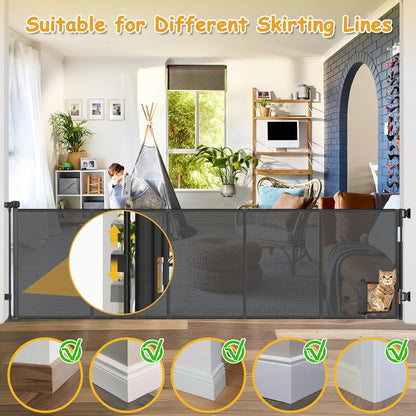 Reinforced 120 Inch Wide Retractable Baby Gates Extra Wide Pet Gate with Cat Door 10ft Extra Long Baby Gates for Large Openings 33 Inch Tall Reinforced Strips Retractable Dog Gate with Cat Door, Black