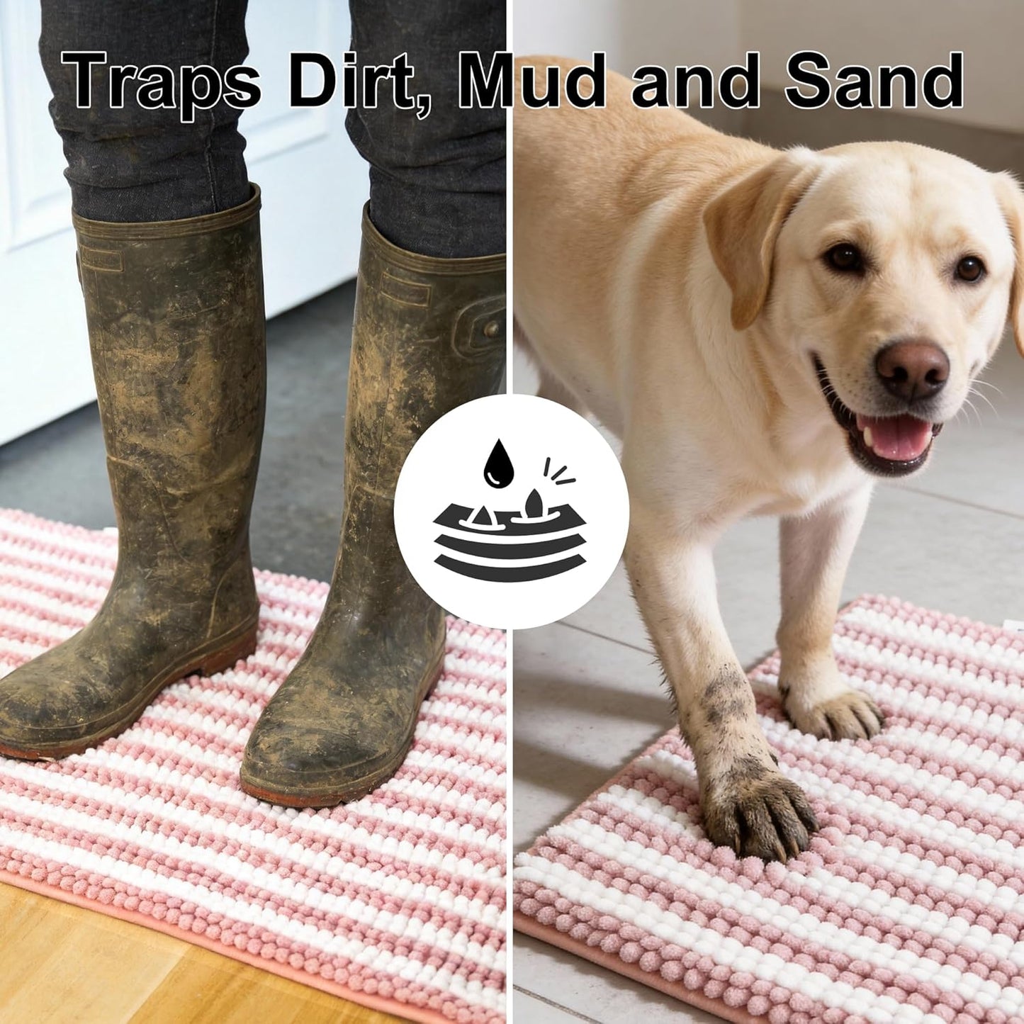 pobopobo Dog Door Mat for Muddy Paws - Absorbent & Washable Chenille Rug, Non-Slip Dirt Trapper for Indoor Outdoor Entryway, Quick Dry Pet Mat for Muddy Dogs (Striped Gray-Blue&White, 24" x 16")