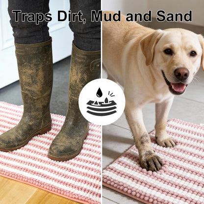 pobopobo Dog Door Mat for Muddy Paws - Absorbent & Washable Chenille Rug, Non-Slip Dirt Trapper for Indoor Outdoor Entryway, Quick Dry Pet Mat for Muddy Dogs (Striped Gray-Blue&White, 24" x 16")