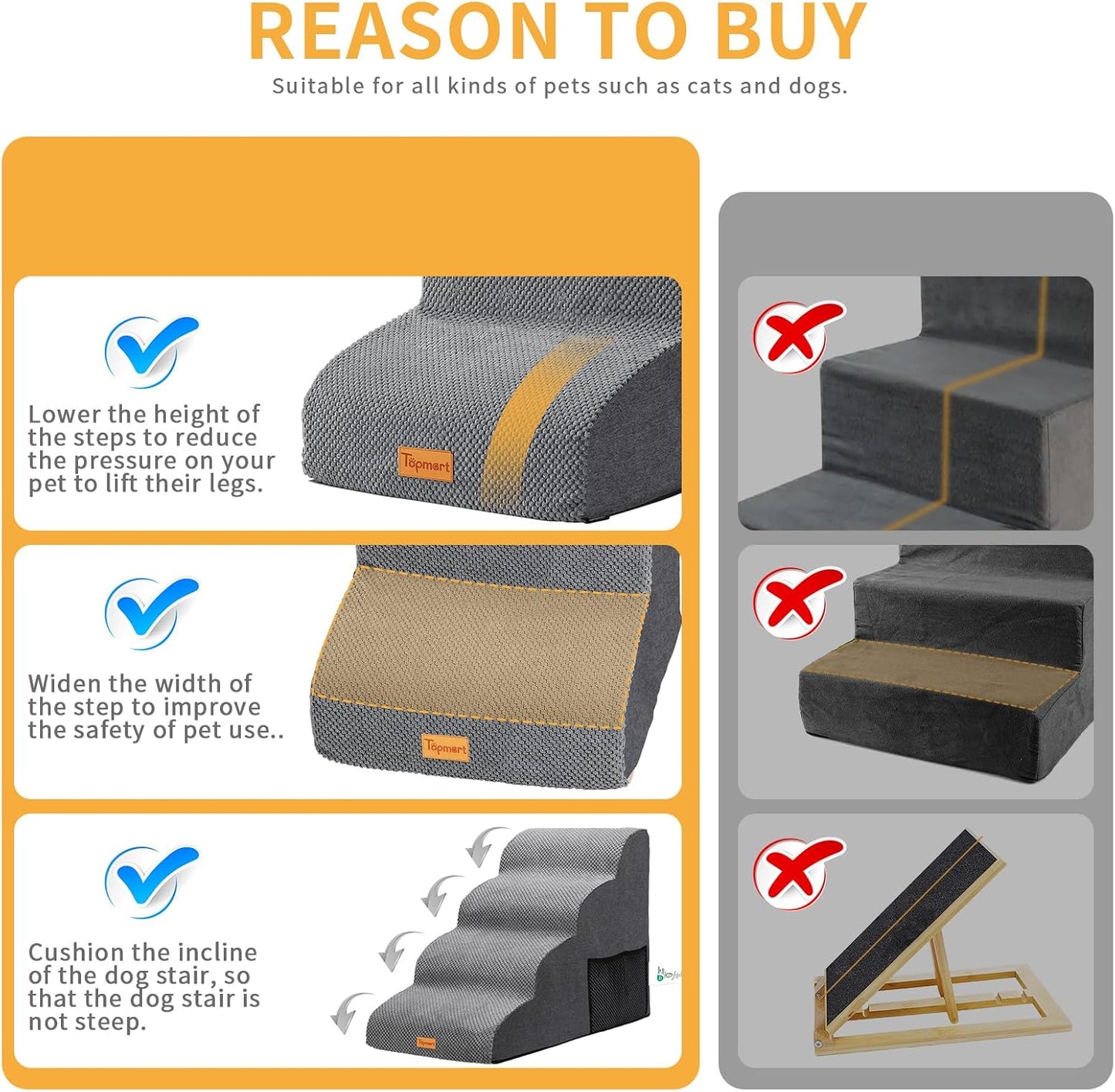 Topmart High Density Extended Foam Dog Ramp&Steps 2 Tiers,11.8" High,Non-Slip Dog Stairs,Soft Foam Pet Ladder with Removable Cover,Best for Injured,Older Cats,Pets with Joint Pain
